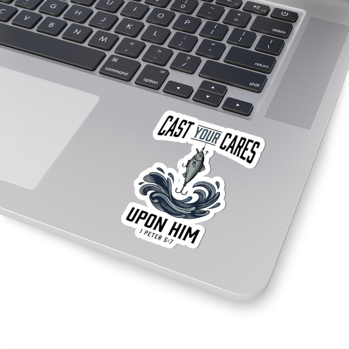 Cast Your Cares Upon Him Sticker | Christian Fish, Scripture 1 Peter 5:7