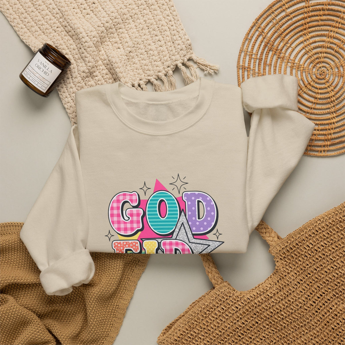 Crewneck Sweatshirt — "Godfidence" Colorful Retro Graphic