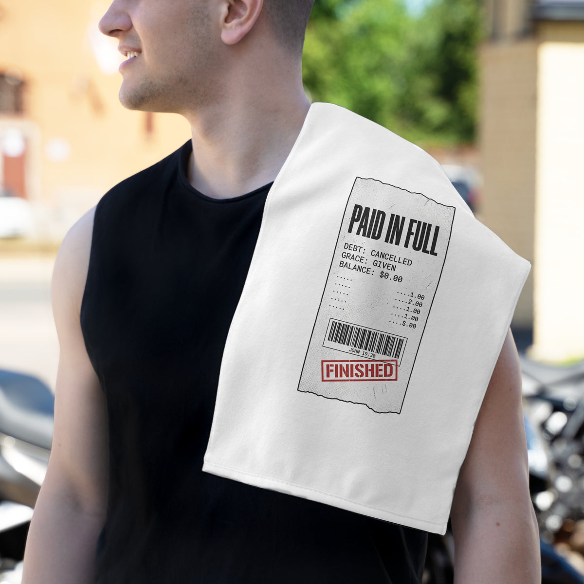 Finished Receipt Rally Towel – "Paid In Full" 11x18 gym towel