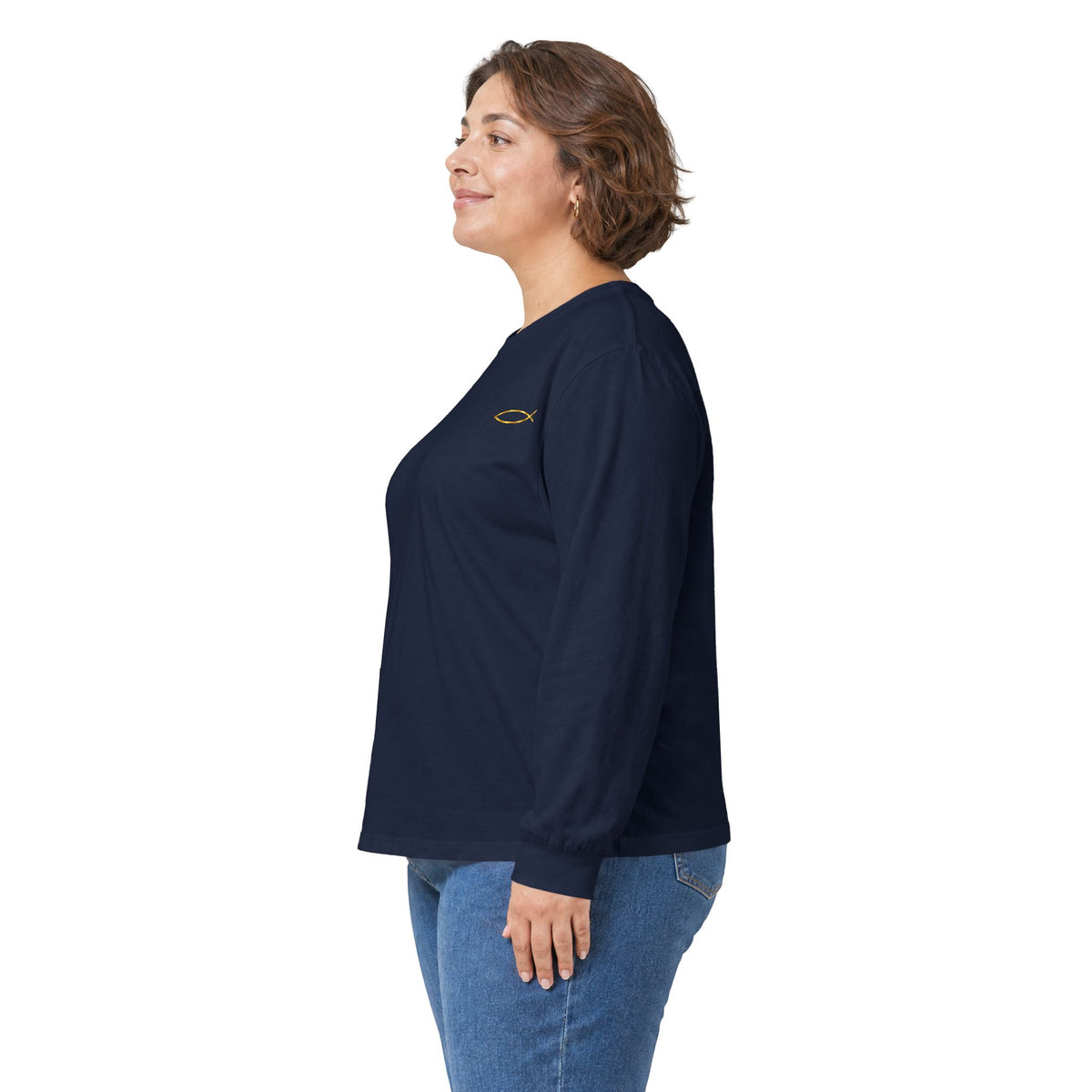 Christian Fish Long Sleeve Tee — Small Gold Ichthys Chest Logo