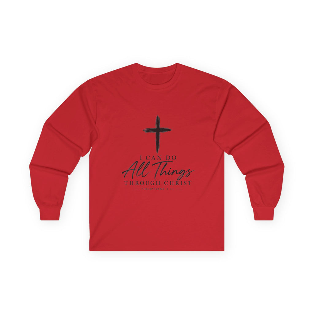 Christian Long Sleeve Tee – "I Can Do All Things Through Christ" Inspirational Cross Shirt