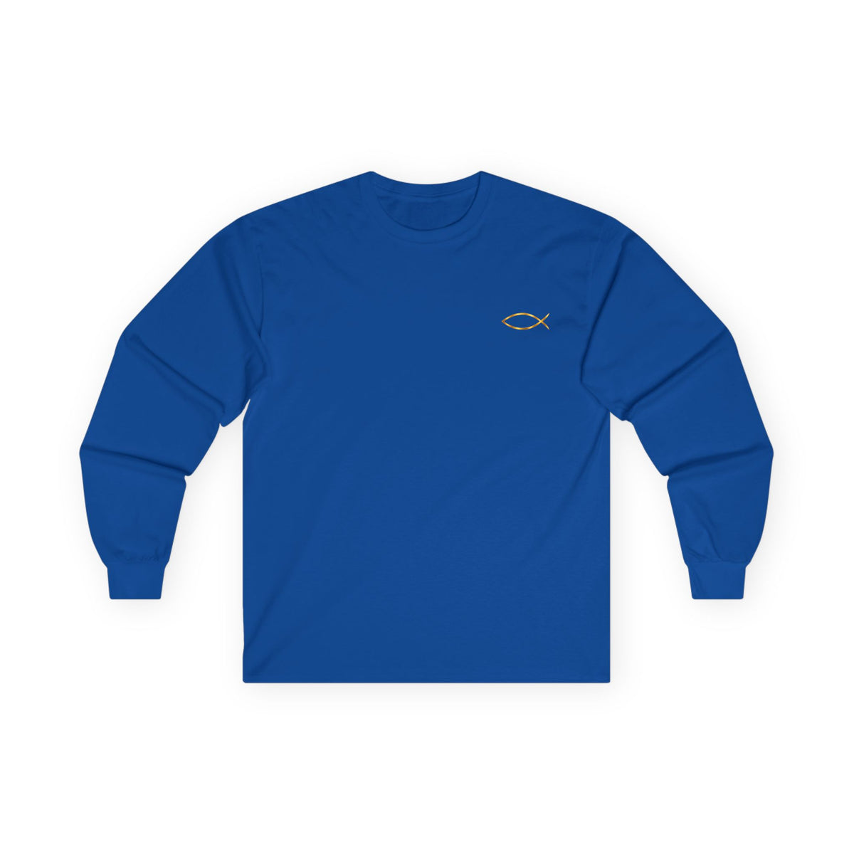 Christian Fish Long Sleeve Tee — Small Gold Ichthys Chest Logo