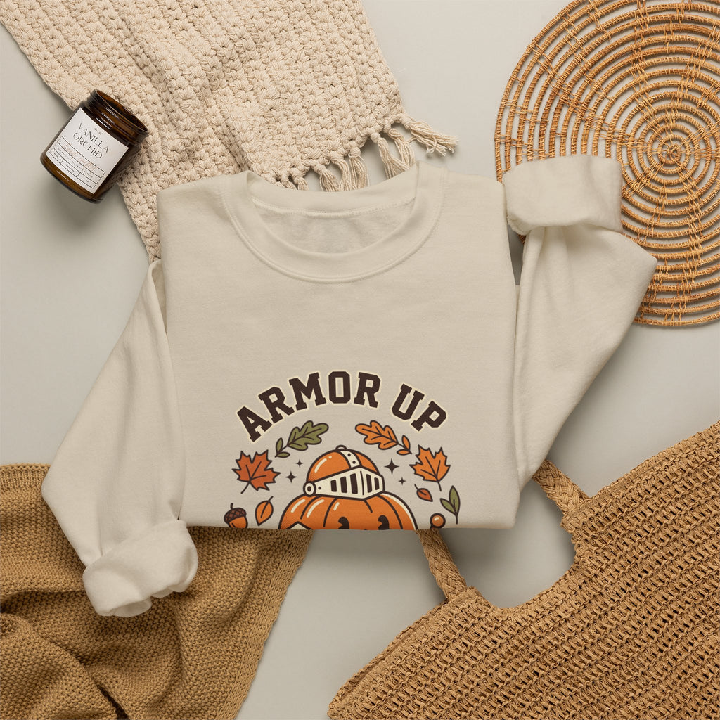 Armor Up For Autumn Sweatshirt – Christian Pumpkin Fall Crewneck (Ephesians 6:11)