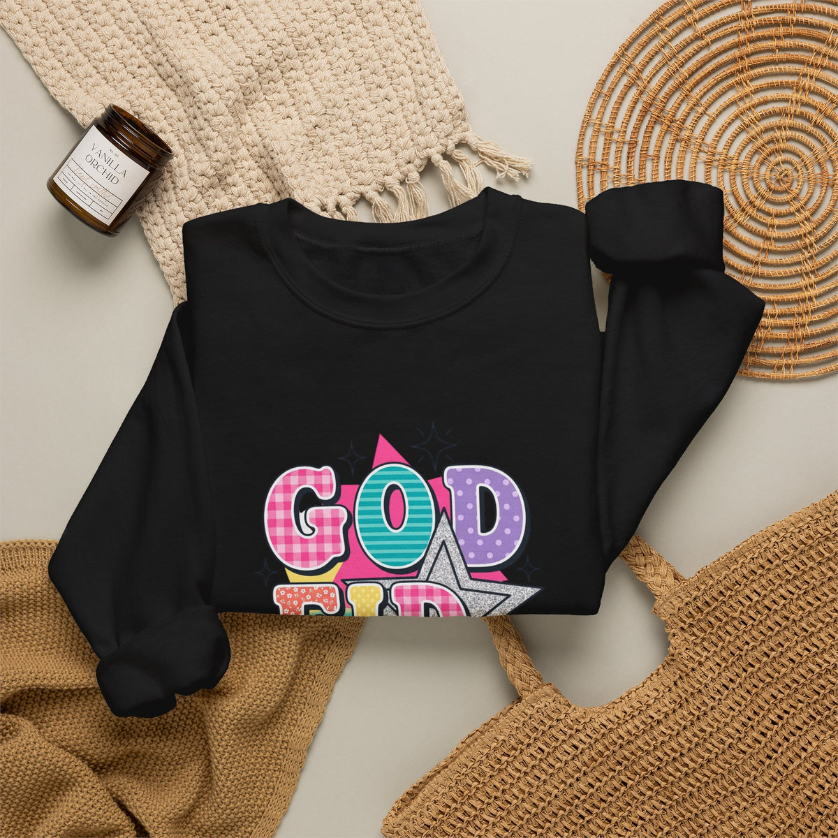 Crewneck Sweatshirt — "Godfidence" Colorful Retro Graphic