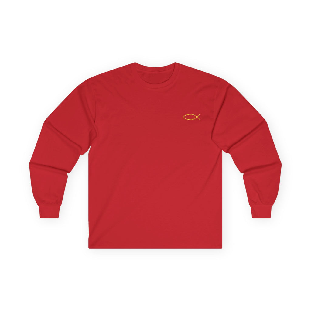Christian Fish Long Sleeve Tee — Small Gold Ichthys Chest Logo