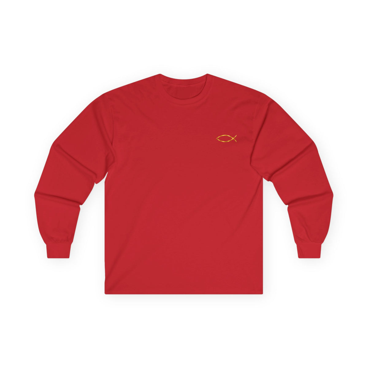 Christian Fish Long Sleeve Tee — Small Gold Ichthys Chest Logo