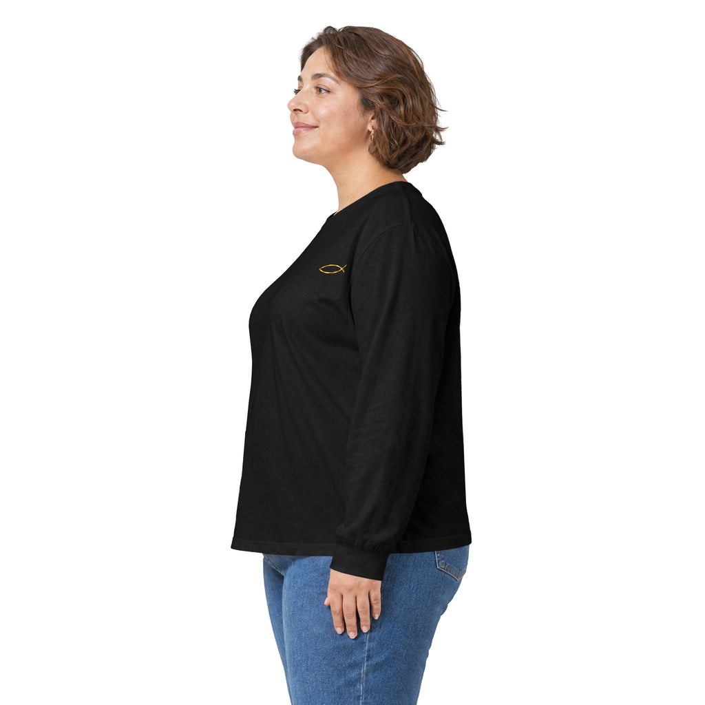 Christian Fish Long Sleeve Tee — Small Gold Ichthys Chest Logo