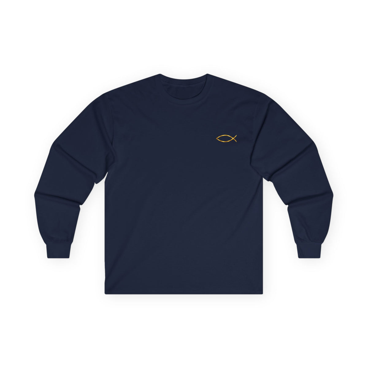 Christian Fish Long Sleeve Tee — Small Gold Ichthys Chest Logo