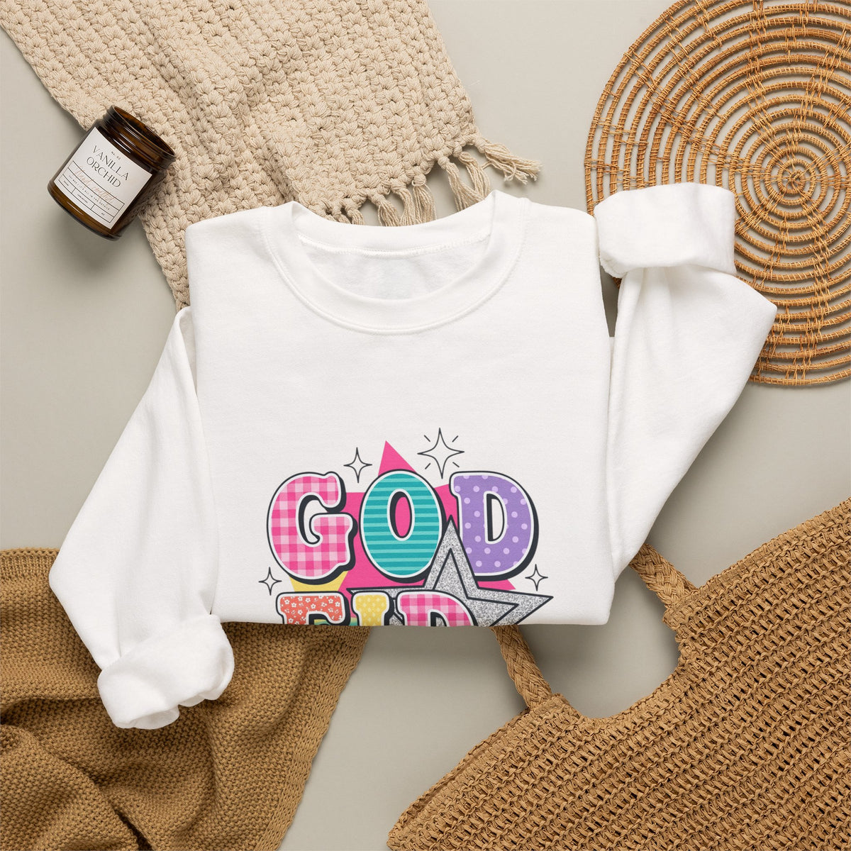 Crewneck Sweatshirt — "Godfidence" Colorful Retro Graphic