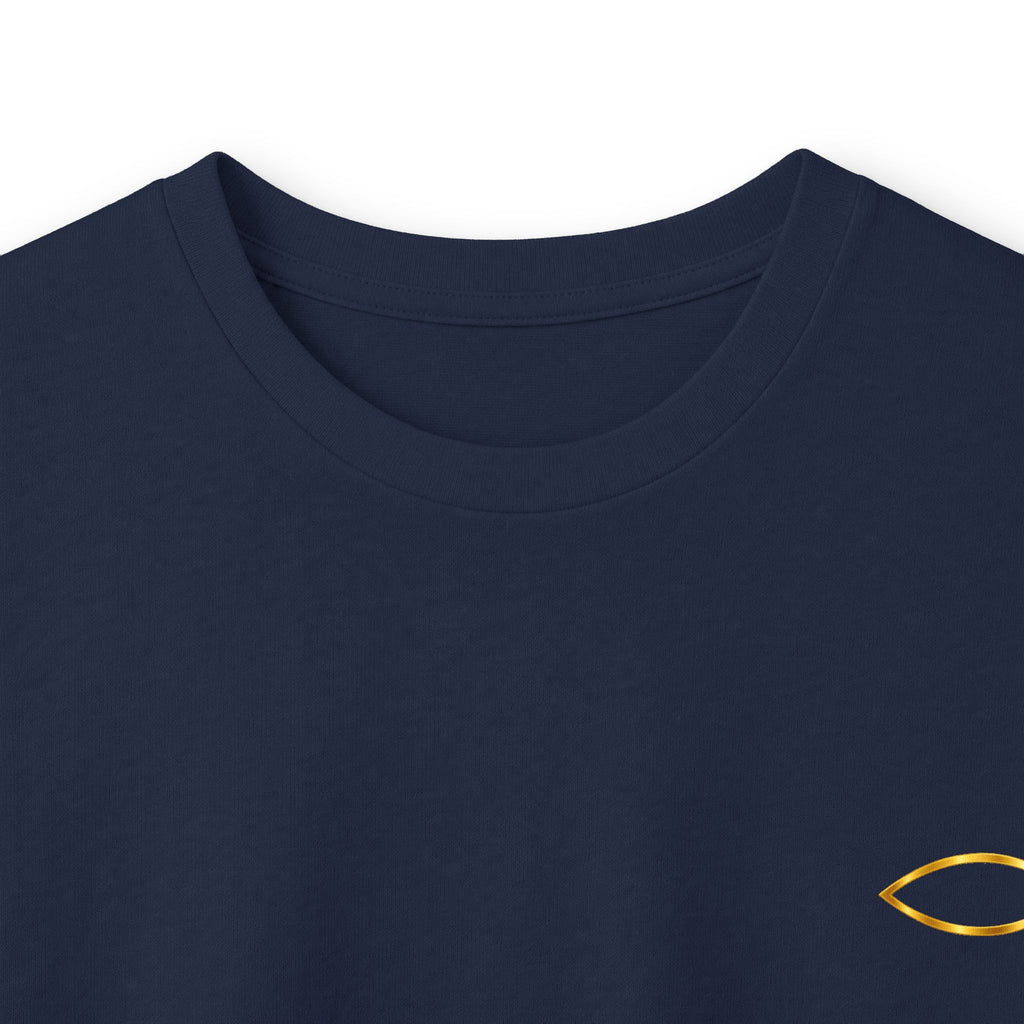 Christian Fish Long Sleeve Tee — Small Gold Ichthys Chest Logo