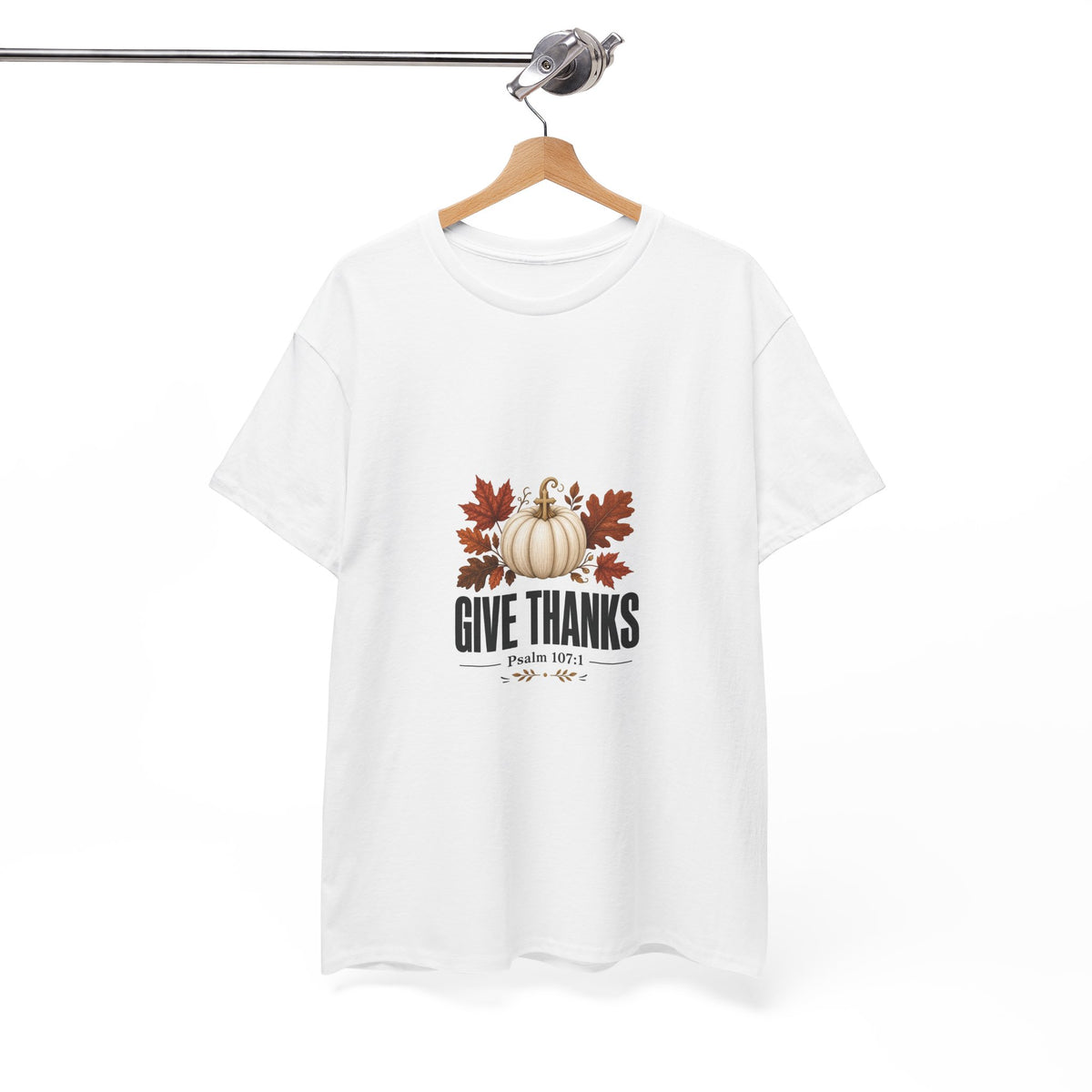 Give Thanks Pumpkin T-Shirt — Thanksgiving Faith Tee (Psalm 107:1)