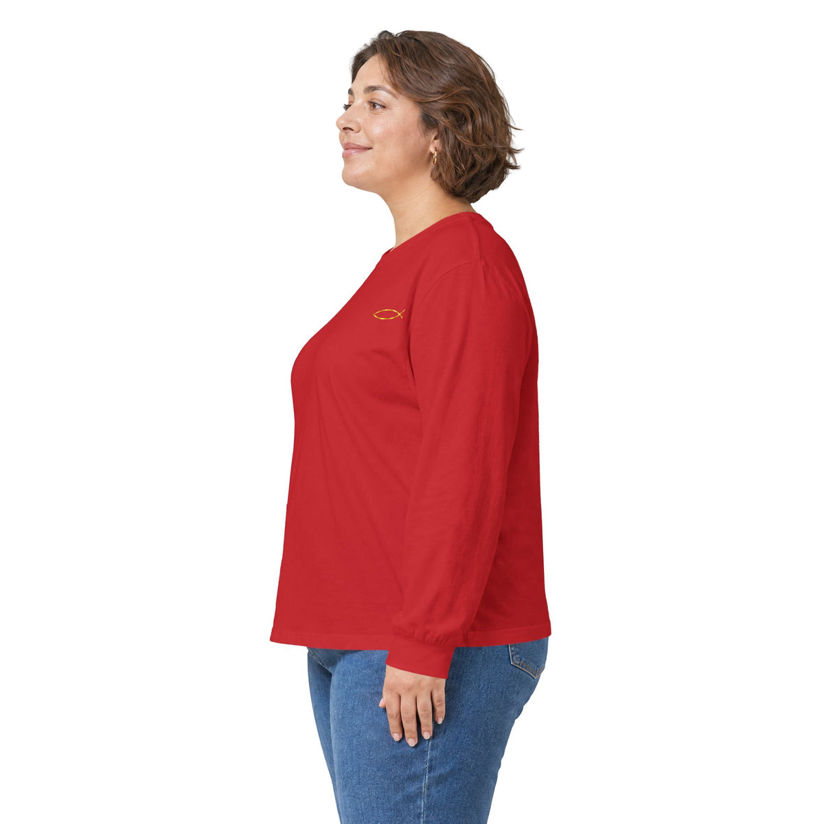 Christian Fish Long Sleeve Tee — Small Gold Ichthys Chest Logo