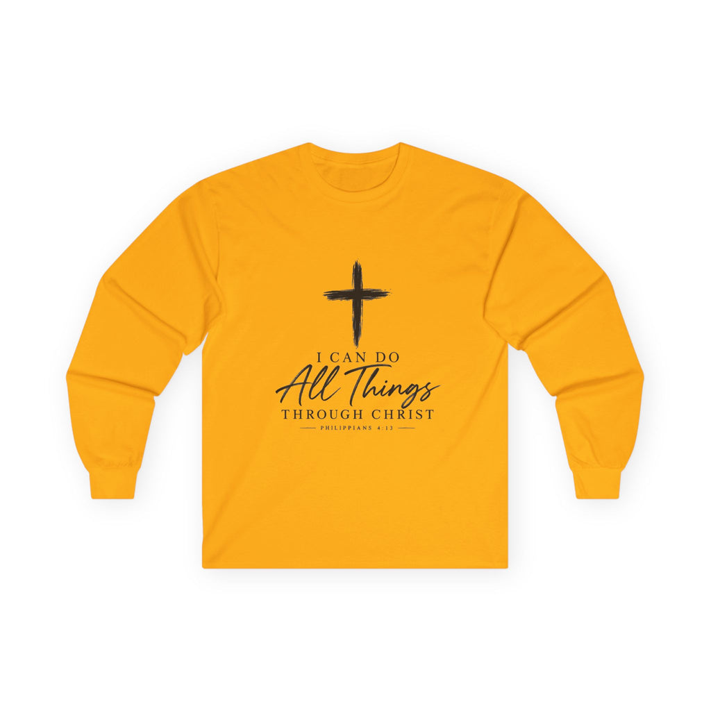 Christian Long Sleeve Tee – "I Can Do All Things Through Christ" Inspirational Cross Shirt