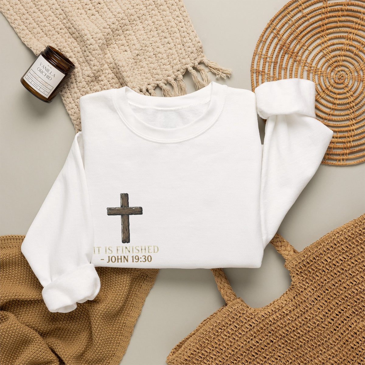 Christian Cross Crewneck Sweatshirt — John 19:30 Scripture Design