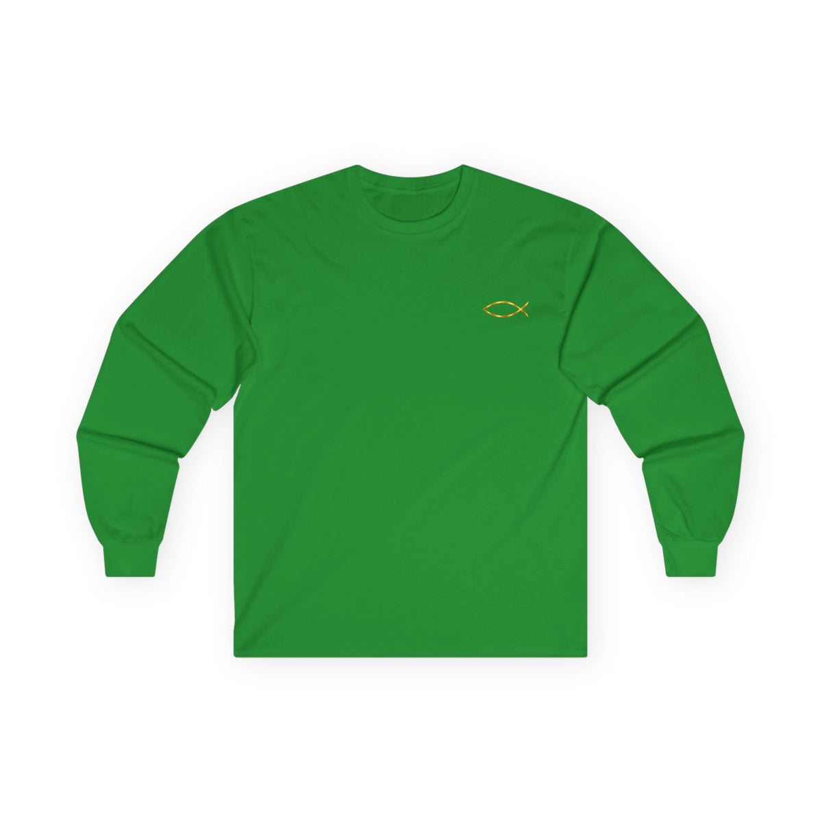 Christian Fish Long Sleeve Tee — Small Gold Ichthys Chest Logo