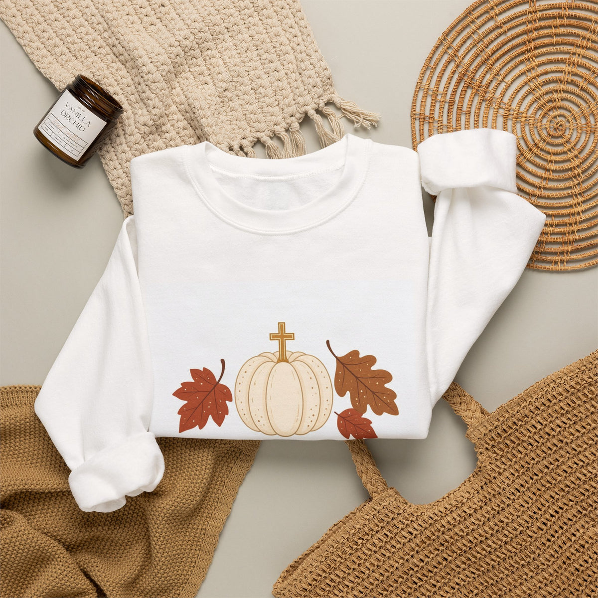 Give Thanks Sweatshirt - Psalm 107:1 Thanksgiving Pumpkin & Leaves Crewneck