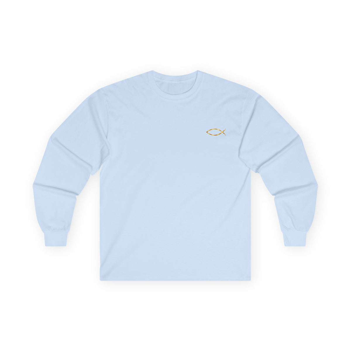 Christian Fish Long Sleeve Tee — Small Gold Ichthys Chest Logo