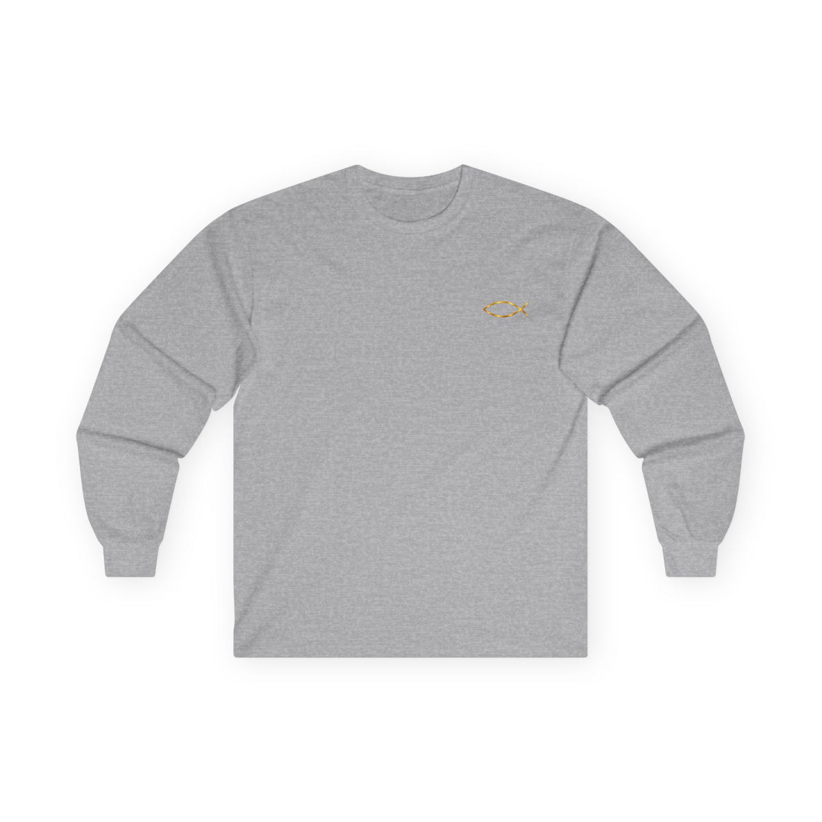 Christian Fish Long Sleeve Tee — Small Gold Ichthys Chest Logo