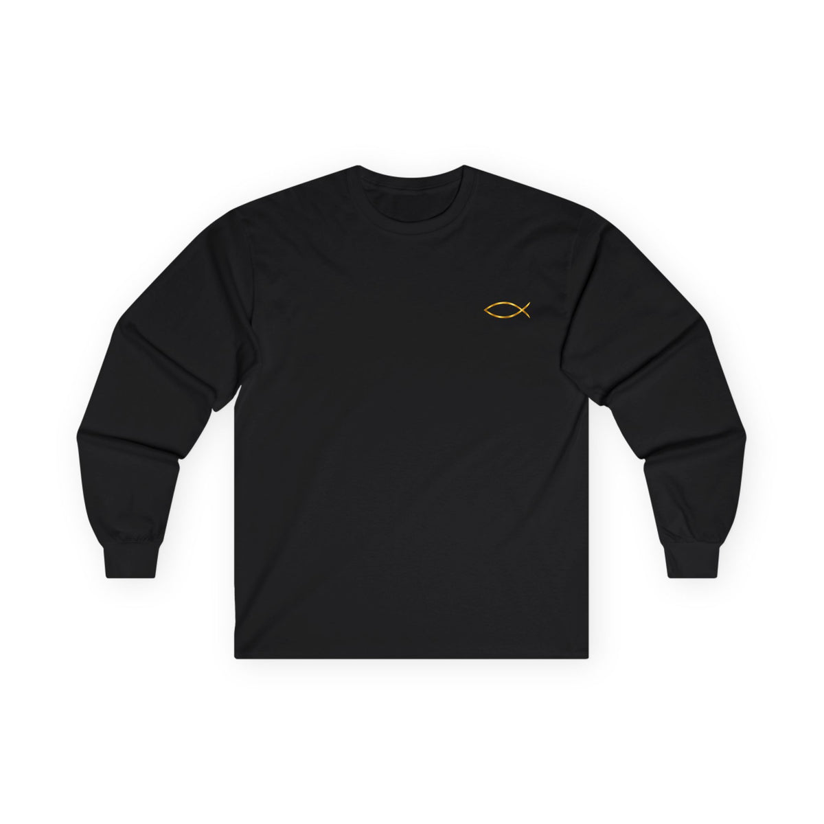 Christian Fish Long Sleeve Tee — Small Gold Ichthys Chest Logo