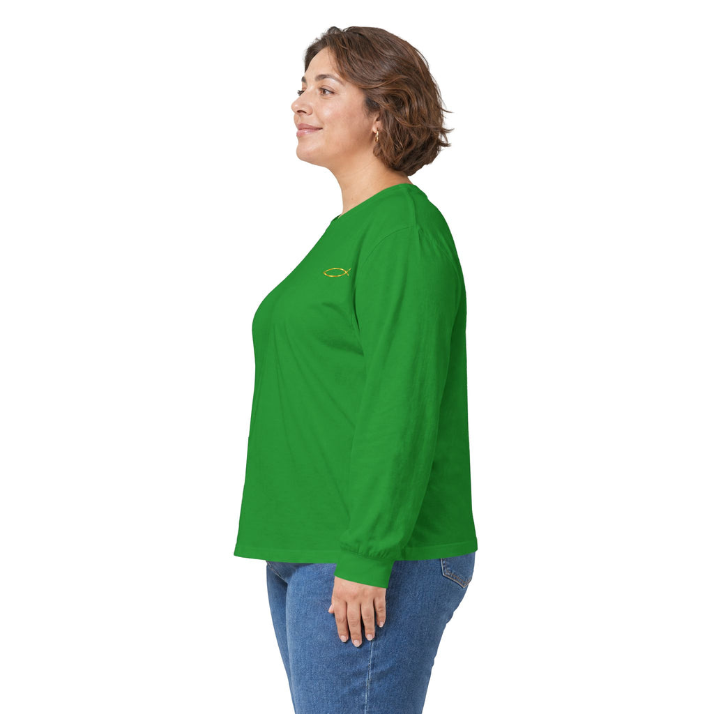 Christian Fish Long Sleeve Tee — Small Gold Ichthys Chest Logo