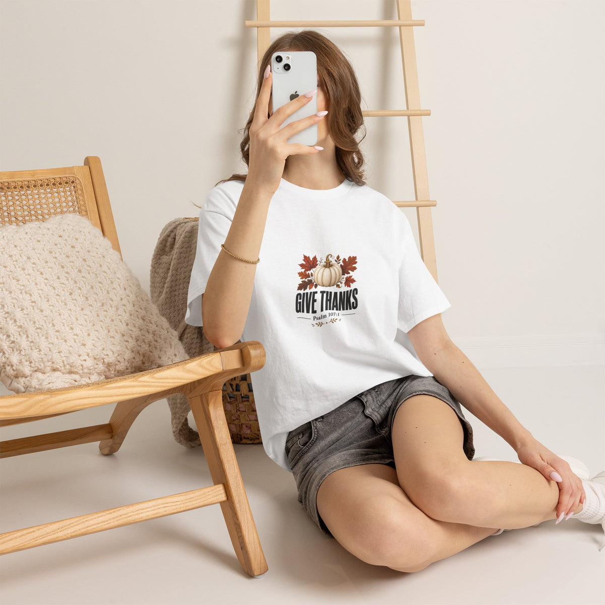 Give Thanks Pumpkin T-Shirt — Thanksgiving Faith Tee (Psalm 107:1)