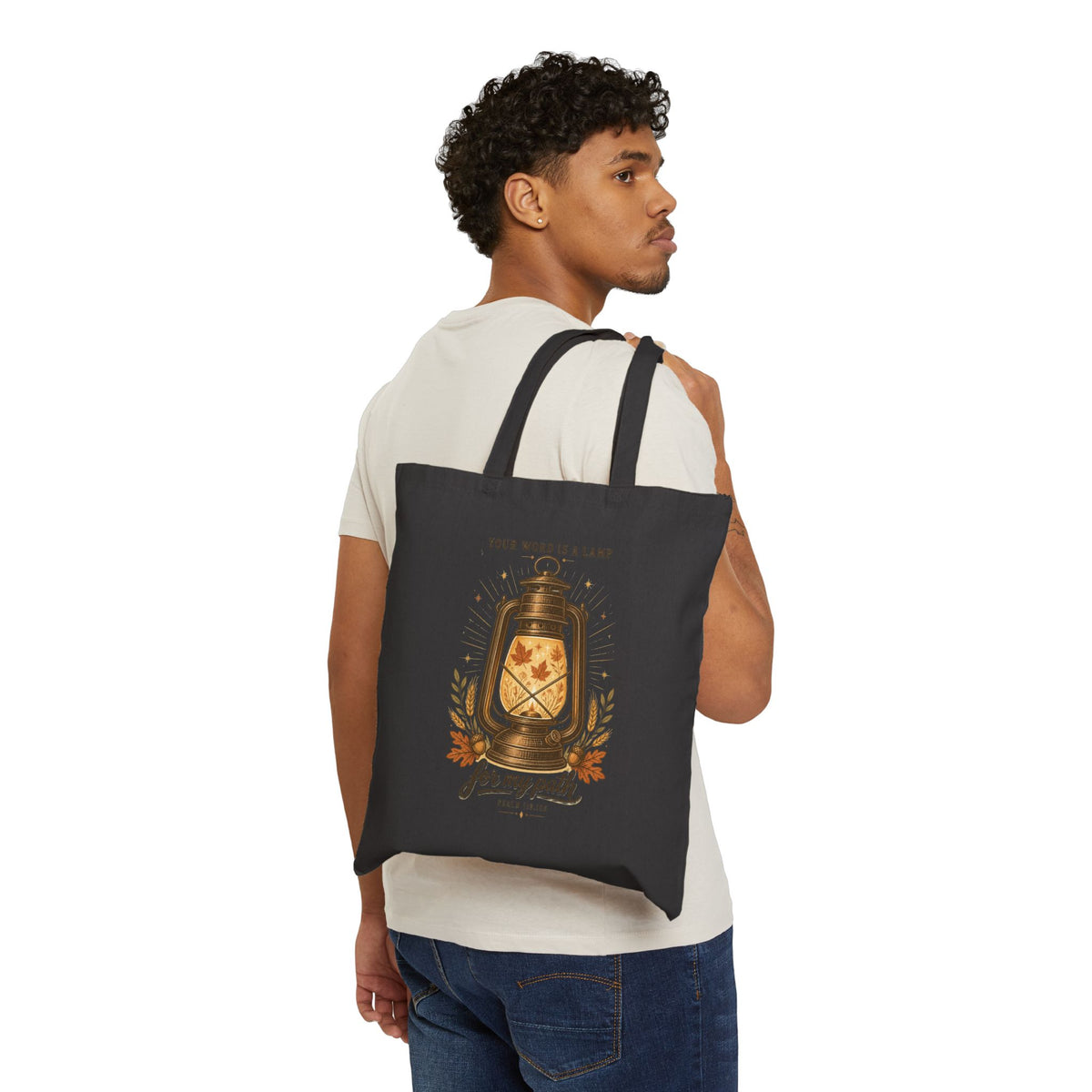 Tote Bag — "Your Word Is a Lamp for My Path" Lantern Canvas Tote (Inspirational Christian Gift)