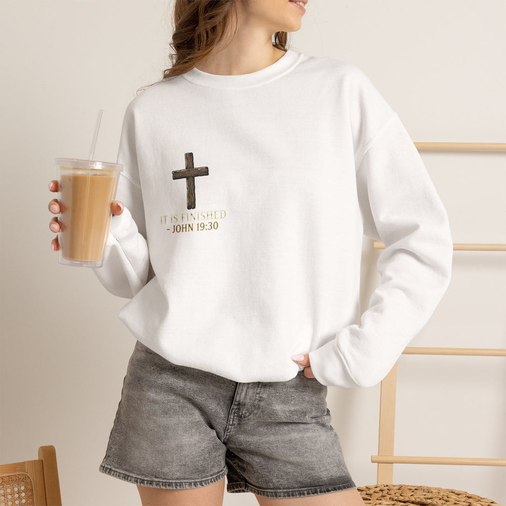 Christian Cross Crewneck Sweatshirt — John 19:30 Scripture Design