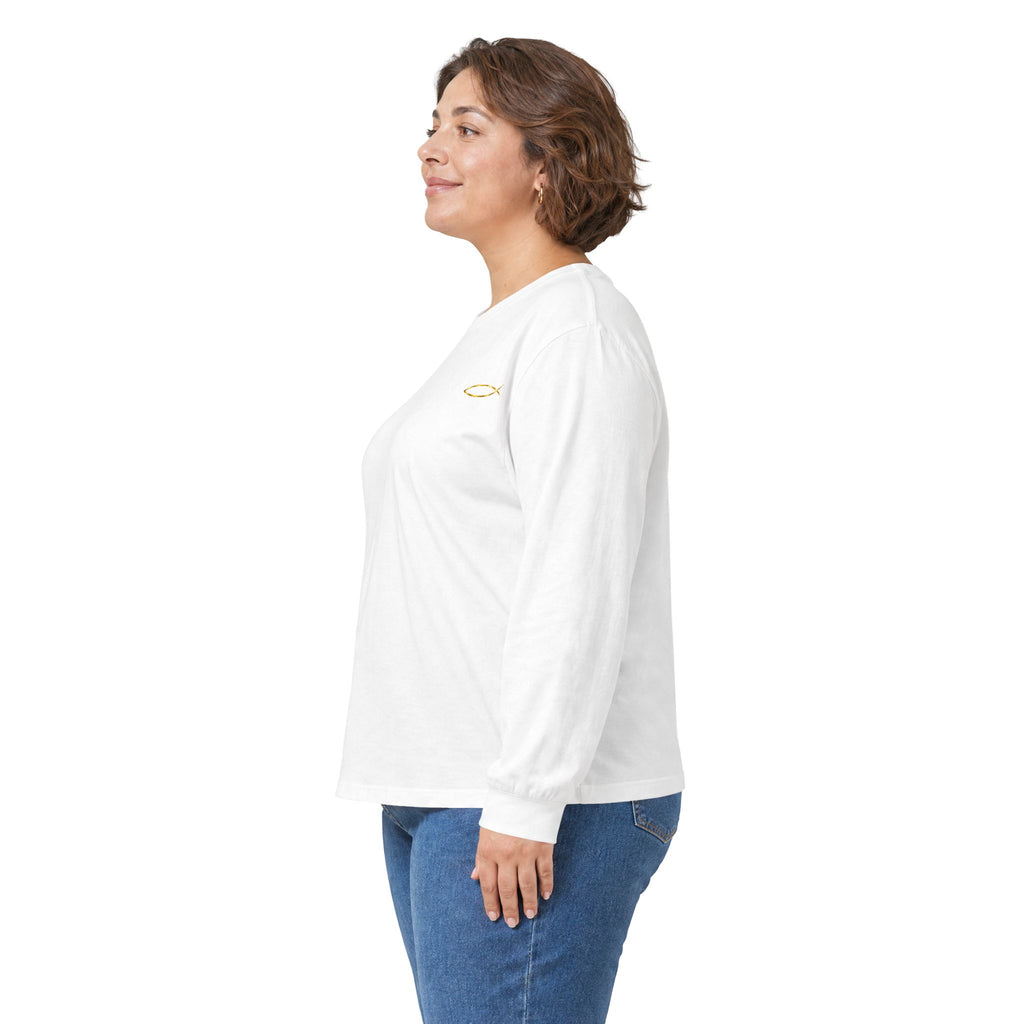 Christian Fish Long Sleeve Tee — Small Gold Ichthys Chest Logo