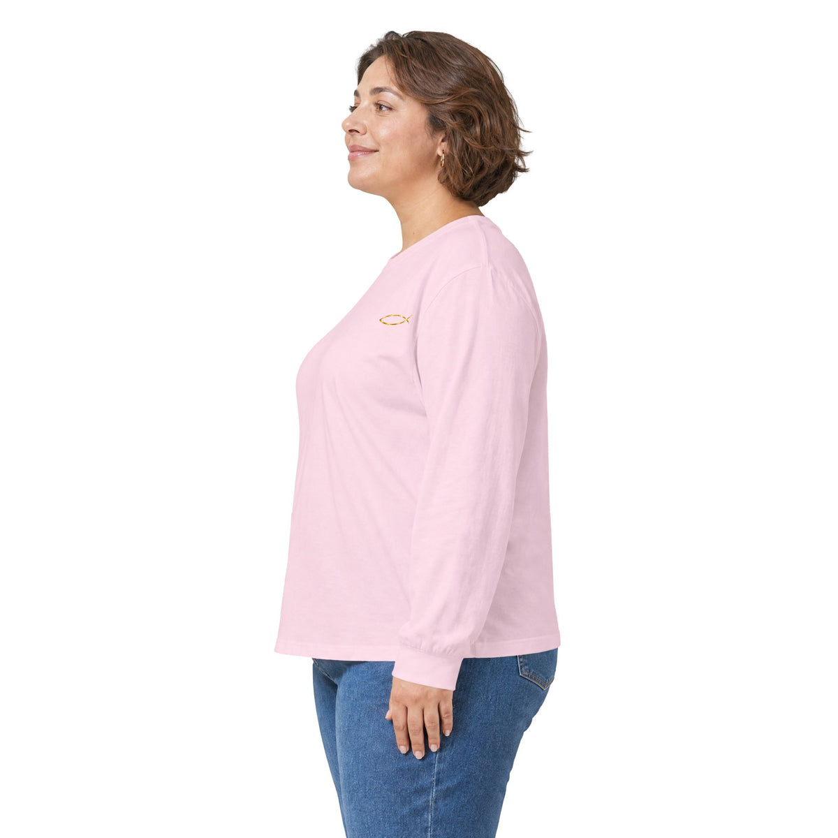Christian Fish Long Sleeve Tee — Small Gold Ichthys Chest Logo