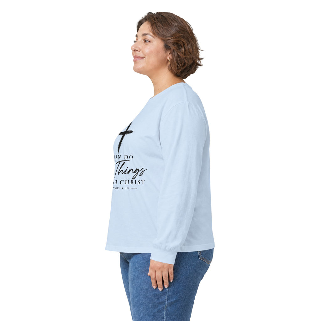 Christian Long Sleeve Tee – "I Can Do All Things Through Christ" Inspirational Cross Shirt