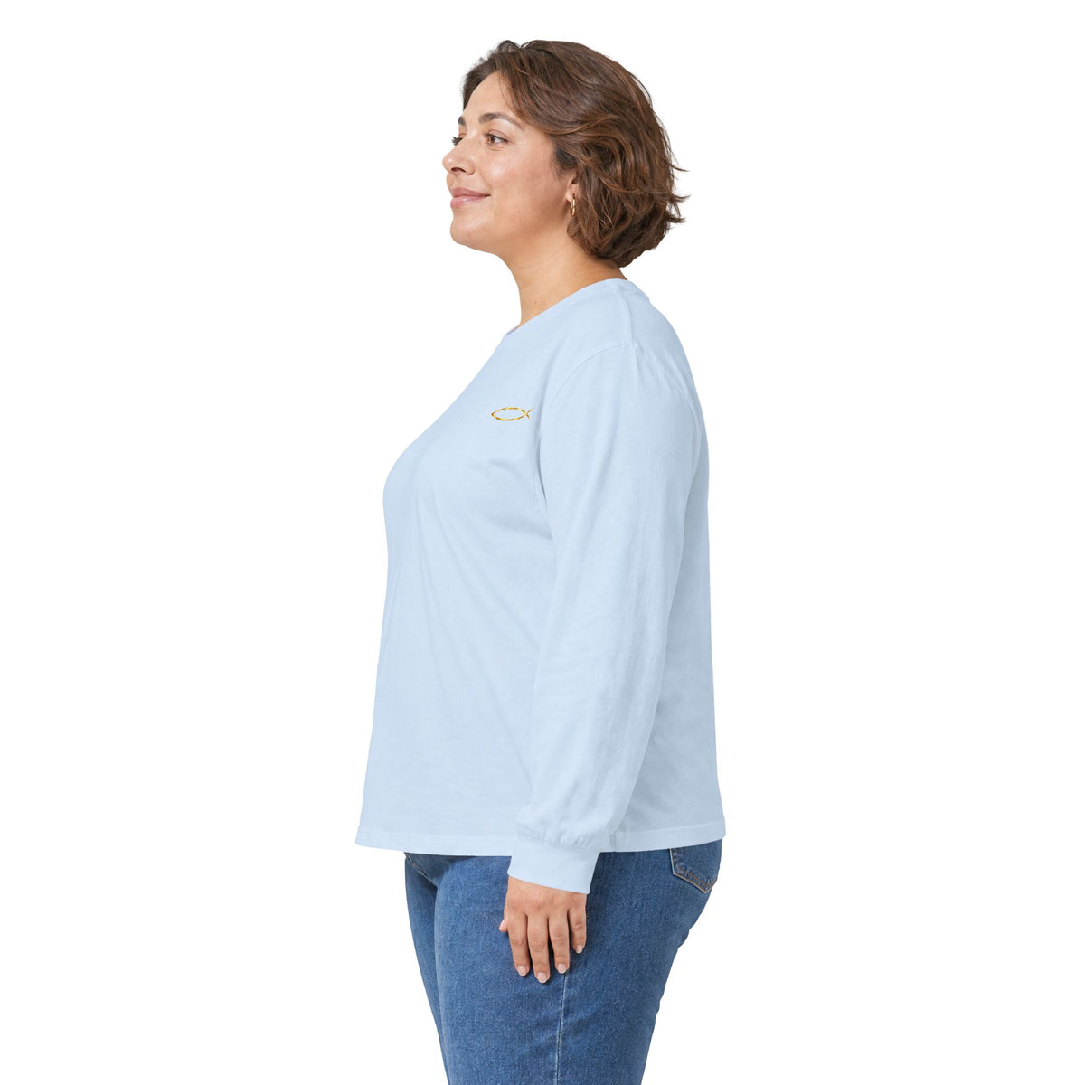 Christian Fish Long Sleeve Tee — Small Gold Ichthys Chest Logo