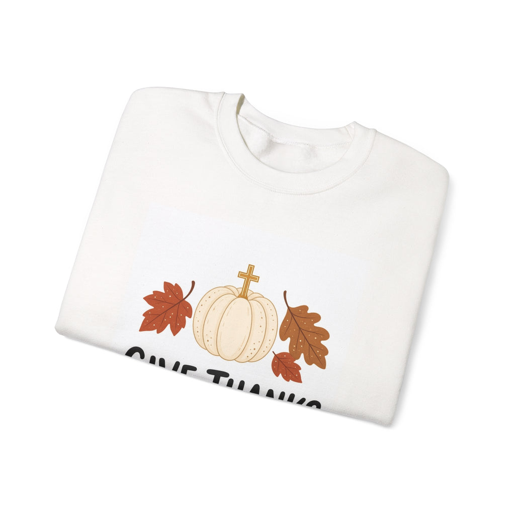 Give Thanks Sweatshirt - Psalm 107:1 Thanksgiving Pumpkin & Leaves Crewneck