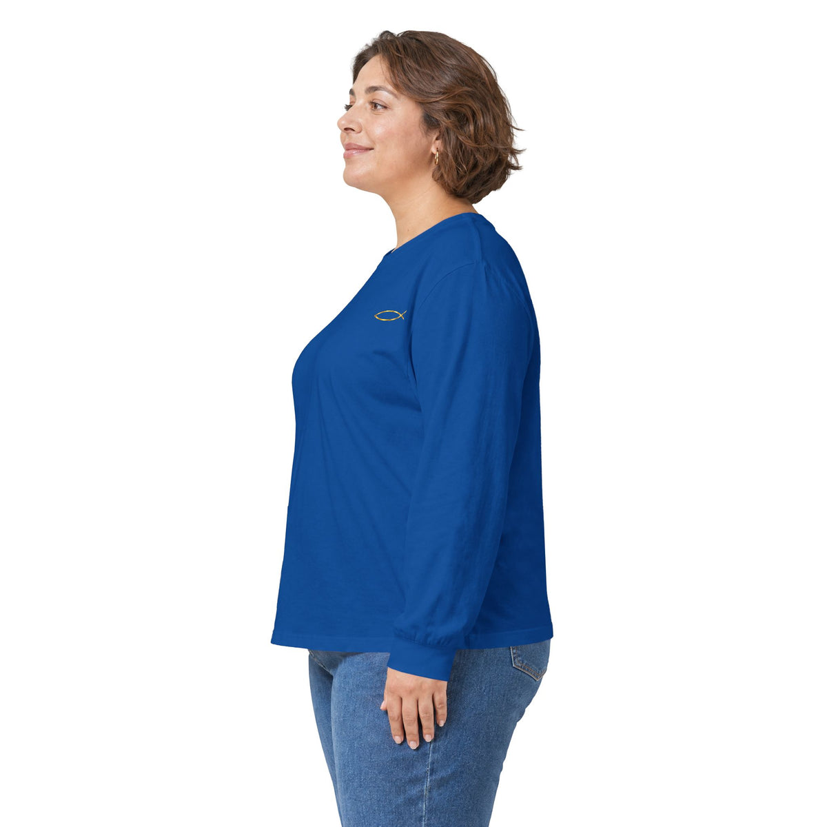 Christian Fish Long Sleeve Tee — Small Gold Ichthys Chest Logo
