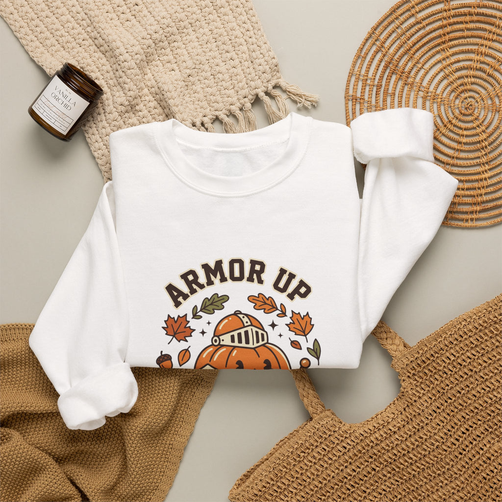 Armor Up For Autumn Sweatshirt – Christian Pumpkin Fall Crewneck (Ephesians 6:11)