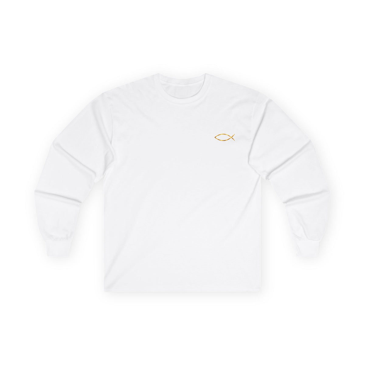 Christian Fish Long Sleeve Tee — Small Gold Ichthys Chest Logo