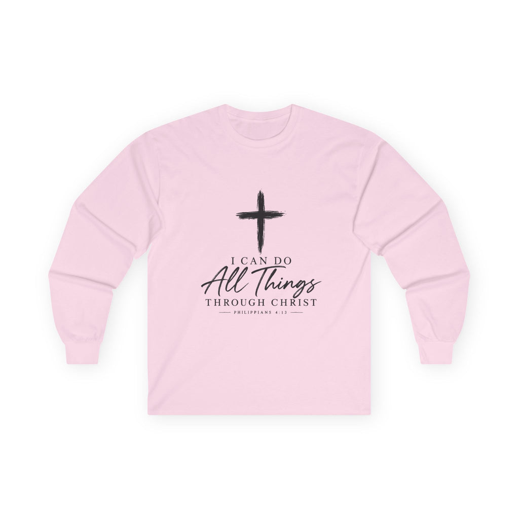 Christian Long Sleeve Tee – "I Can Do All Things Through Christ" Inspirational Cross Shirt