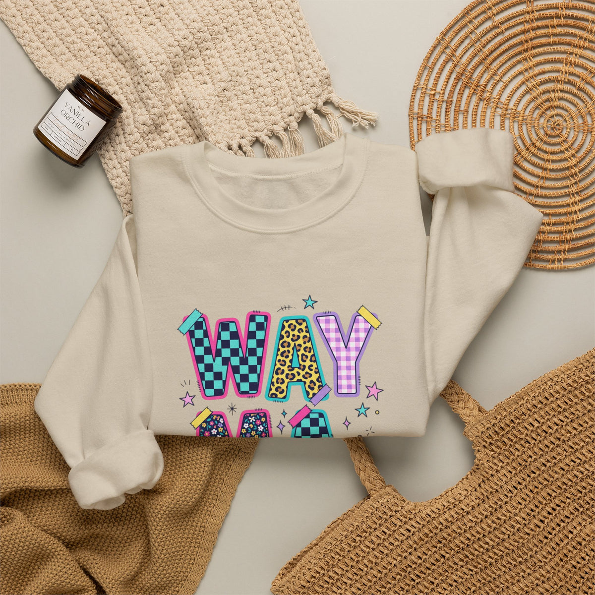 Waymaker Crewneck Sweatshirt — Colorful Retro Graphic "WAYMAKER" Pullover