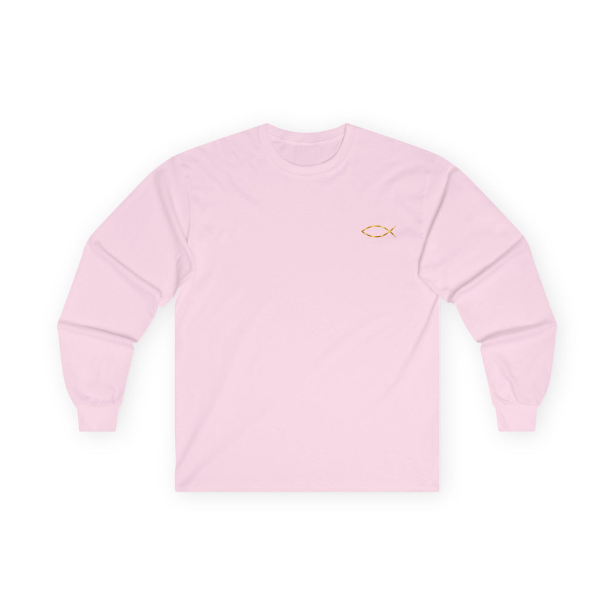 Christian Fish Long Sleeve Tee — Small Gold Ichthys Chest Logo
